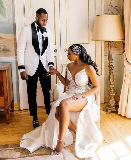 Sexy hoch geteilte Brautkleider südafrika nische Spitzen applikationen Satin Brautkleider fegen Zug Hochzeit Vestidos