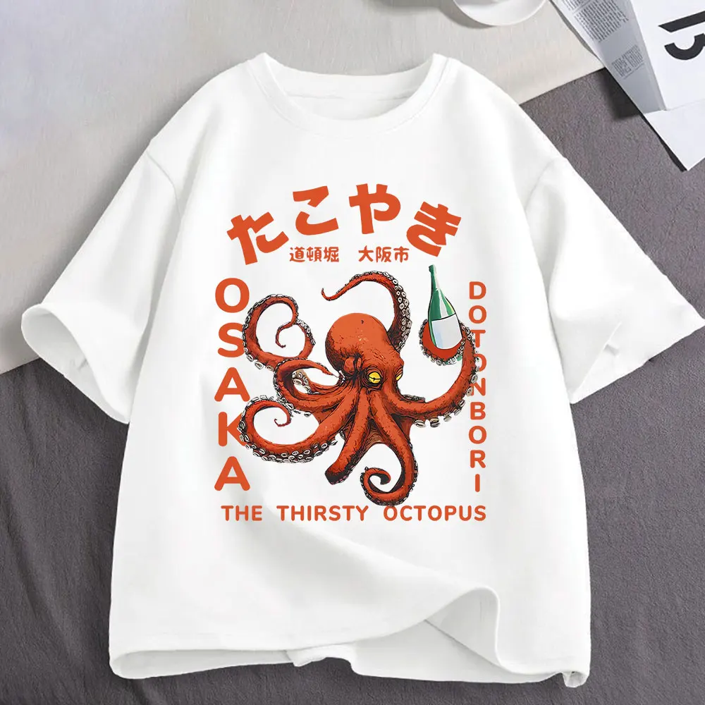 Osaka Dotonbori Drunken Octopus Funny Meme Japanese Style T Shirts Men's Clothing Cotton Casual Oversized Short Sleeve T-shirts