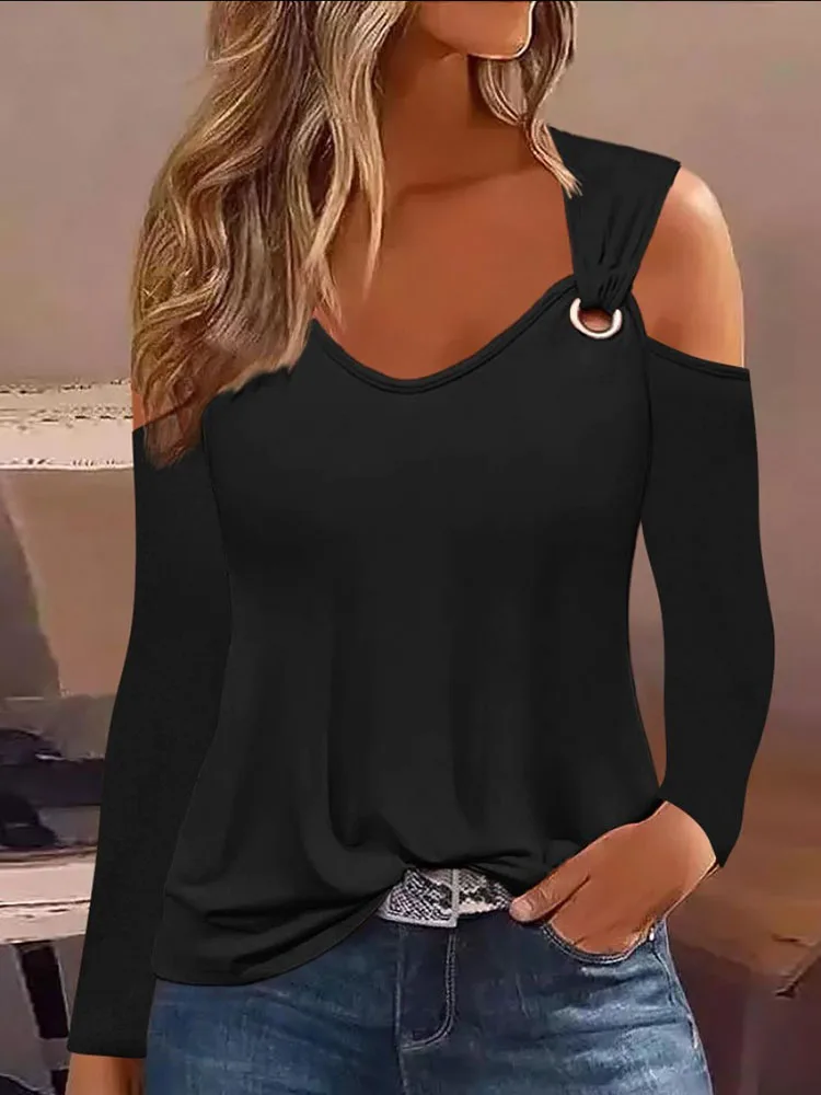 Autumn Simple Metal Button V-neck Shirt Blouse For Women 2023 New Fashion Sexy Women Casual TShirt Pullover Tops Female Clothing