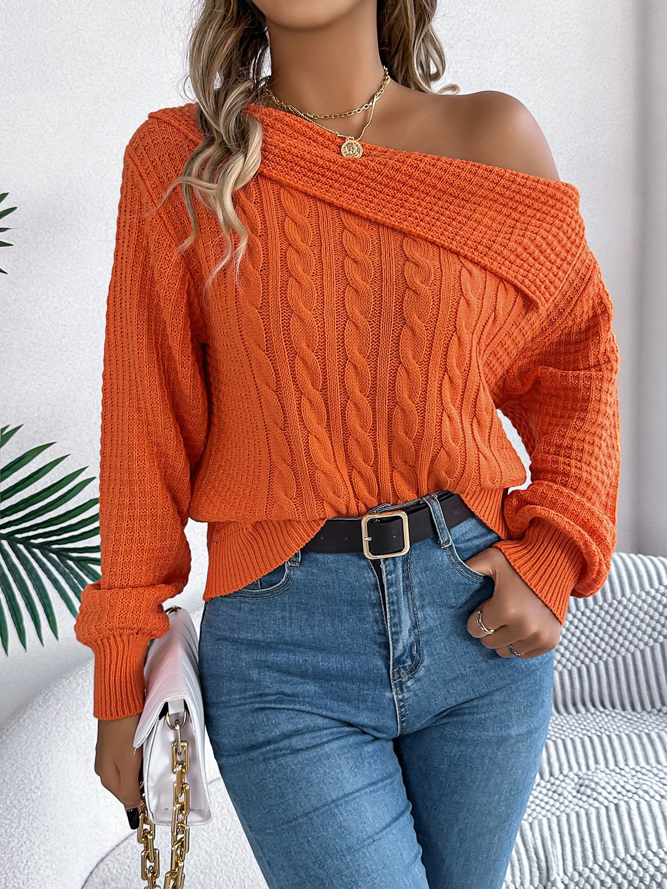 Womens Off The Shoulder Long Sleeve Knit Pullover Sweater Solid Color Collar Y2K Street Night Club Party Knitted Jumper Tops