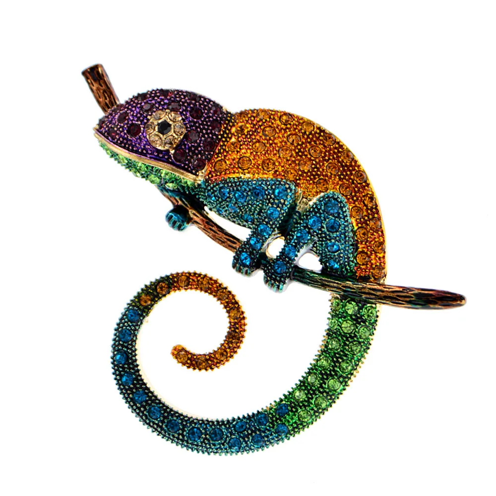 Inlaid Rhinestone Colorful Chameleon Brooch Pins Female Metal Animal Casual Party Office Brooches for Women Jewelry Gifts