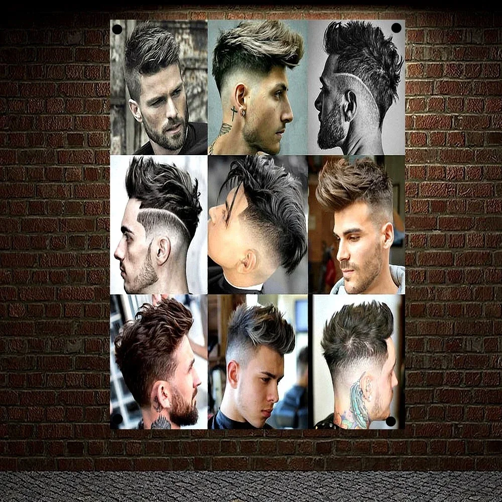 

New Popular Men's Hairstyle Barber Shop Signboard Vintage Decor Hairdresser Poster Flag Banner Canvas Painting Hanging Cloth E5