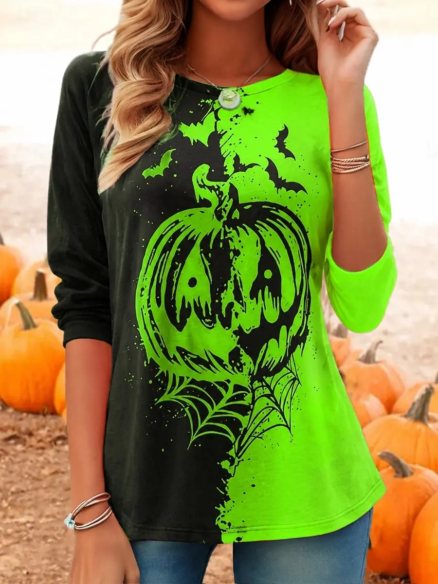 2026 New Women T-shirt Halloween Pumpkin Boo Print Long Sleeve Round Neck Streetwear Casual Top Fashion Women's Clothing view 4