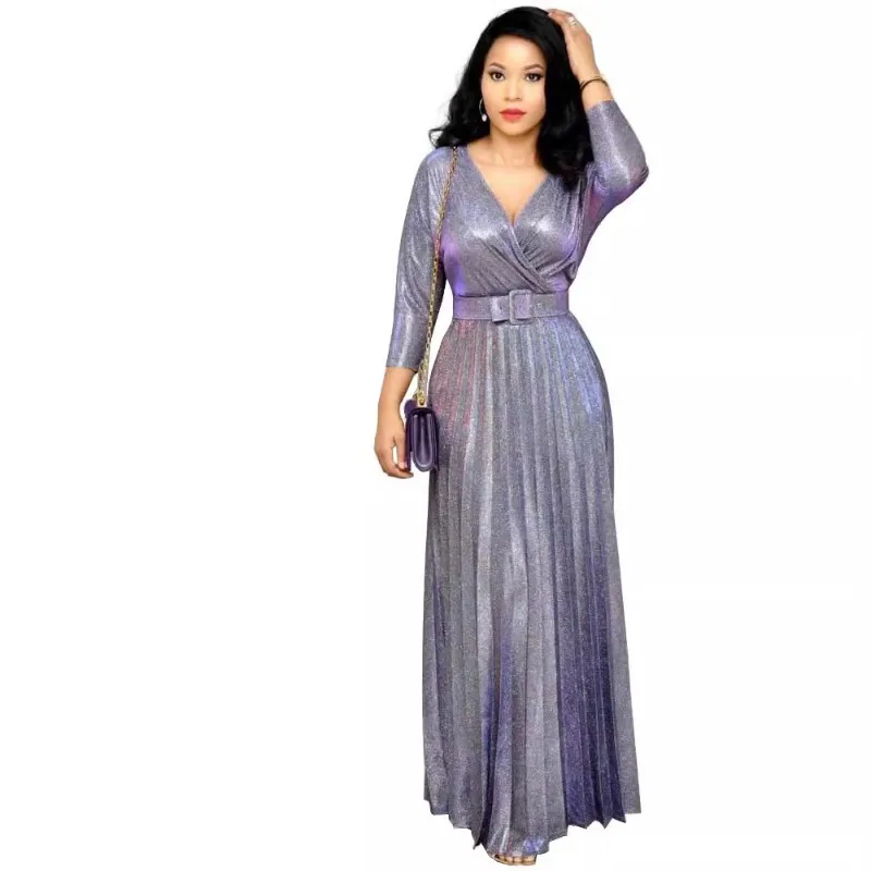 Women Shiny Metallic Maxi Dress V Neck Three Quarter Sleeve Pleated Long Gown With Belt African Party Formal Dress