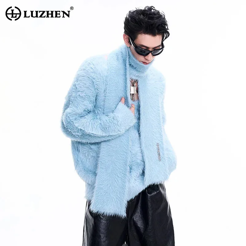 

LUZHEN American Designer V-neck Solid Color Men's Plush Warm Knitted Sweater Shawls Decorate Elegant Trendy Handsome Tops LZ6795