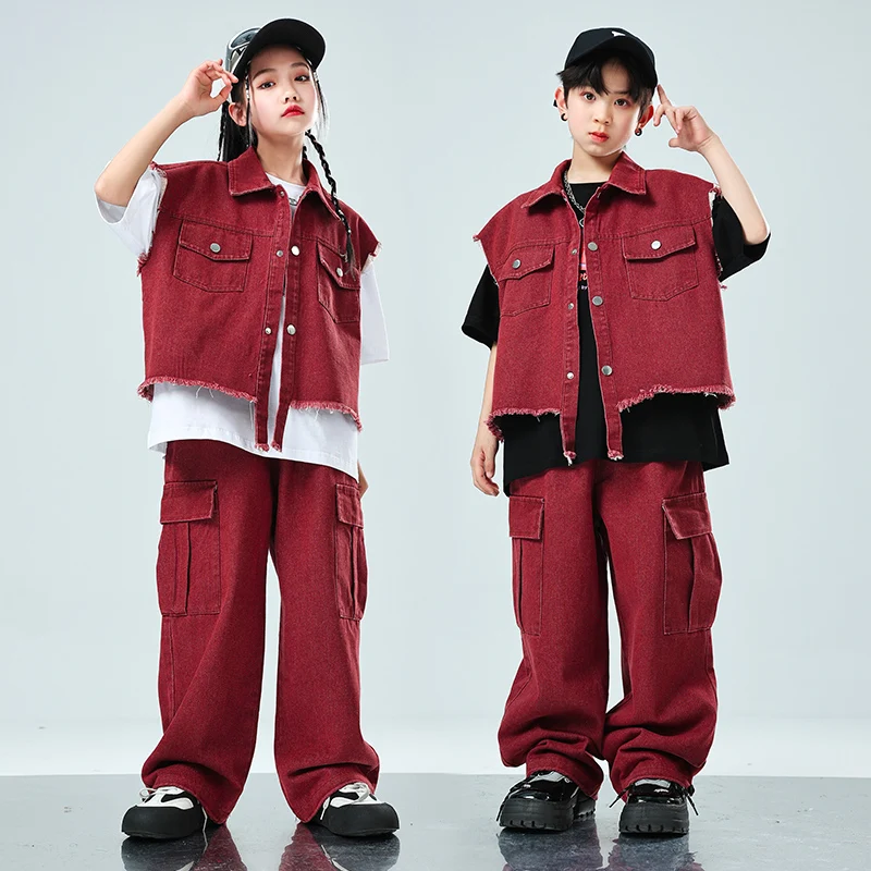 Boys Hip Hop Clothing Red Denim Vest Cargo Pants Girls Waistcoat Street Dance Joggers Kids Sleeveless Jacket Child Punk Costumes