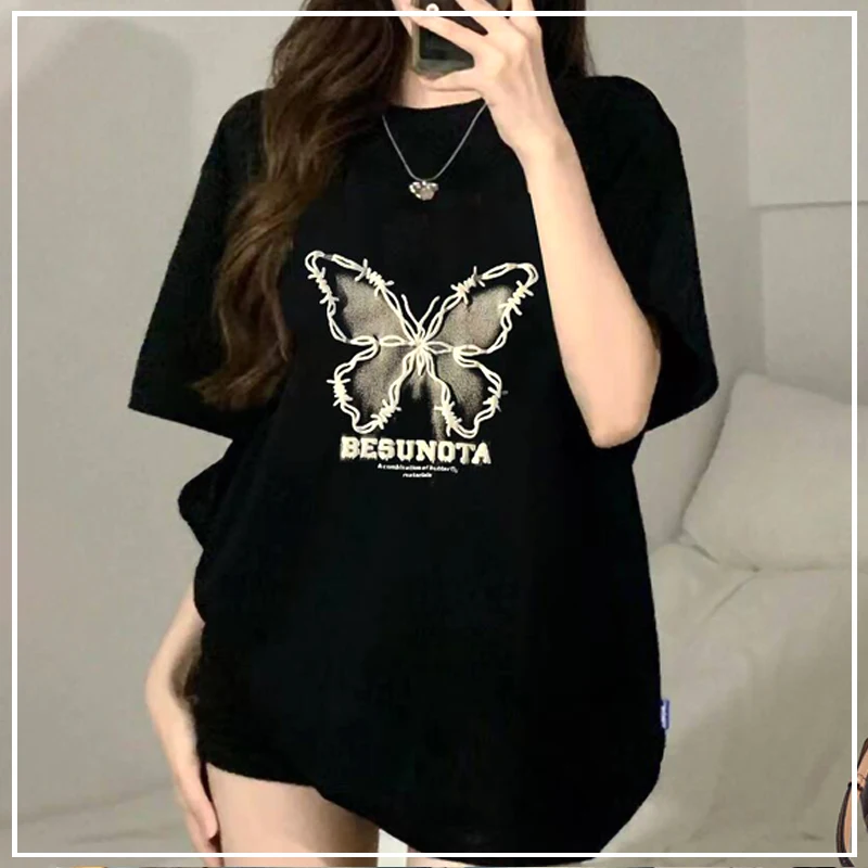 

2024 New Summer American Retro European and American Style Loose Fitting Casual Fashion Round Neck Personalized Print T-shirt