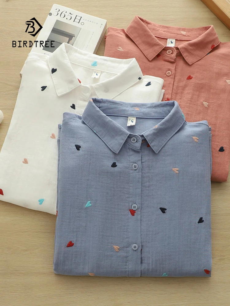 

Новинка 2025, осенняя рубашка с длинными рукавами из хлопковой пряжи, женская рубашка с отложным воротником и вышивкой Love, универсальная свободная блузка Mori Girl T59325CC