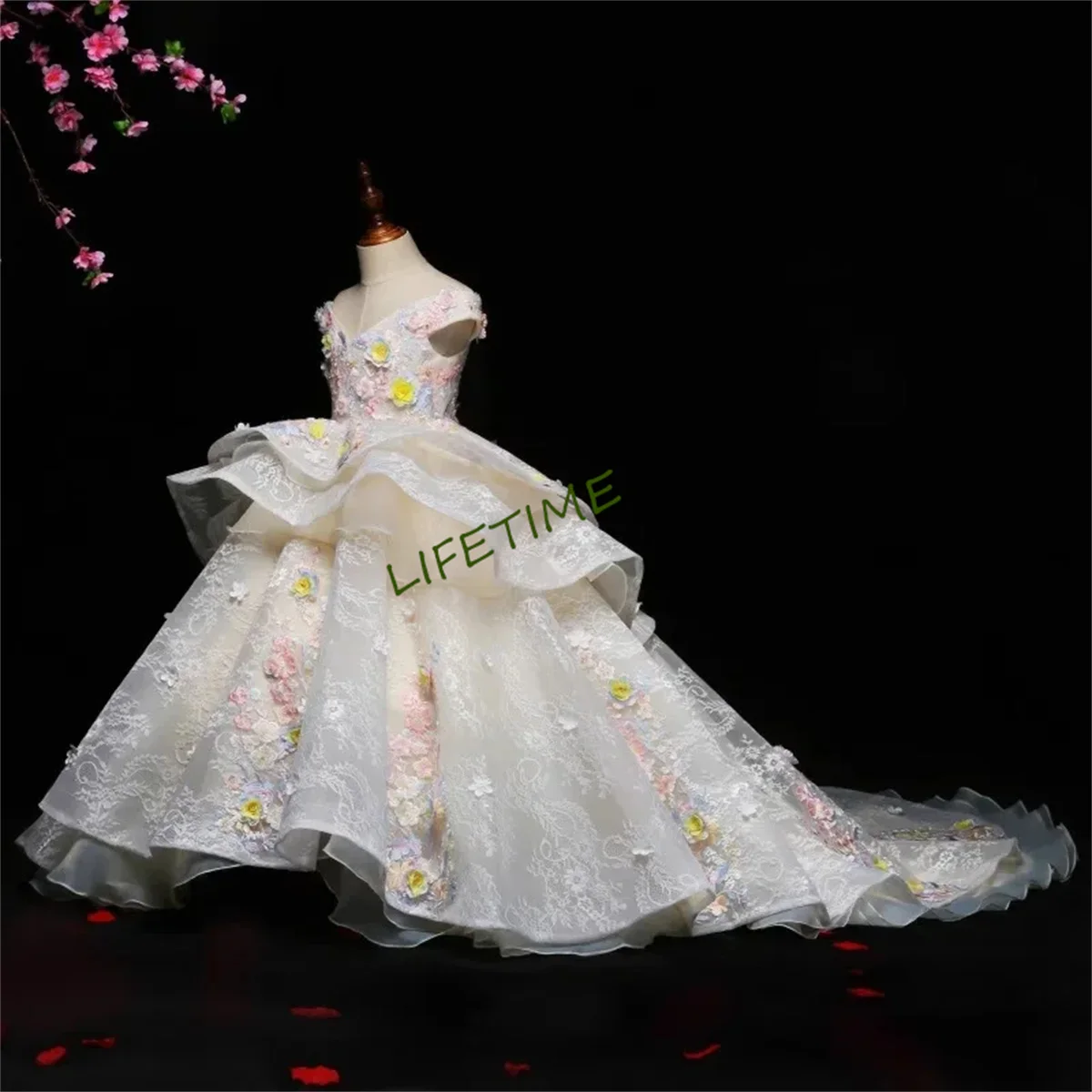 Ball Gown Baby Flower Girl Dresses Appliques Court Train Princess Prom Birthday Party Gowns Wedding Kids