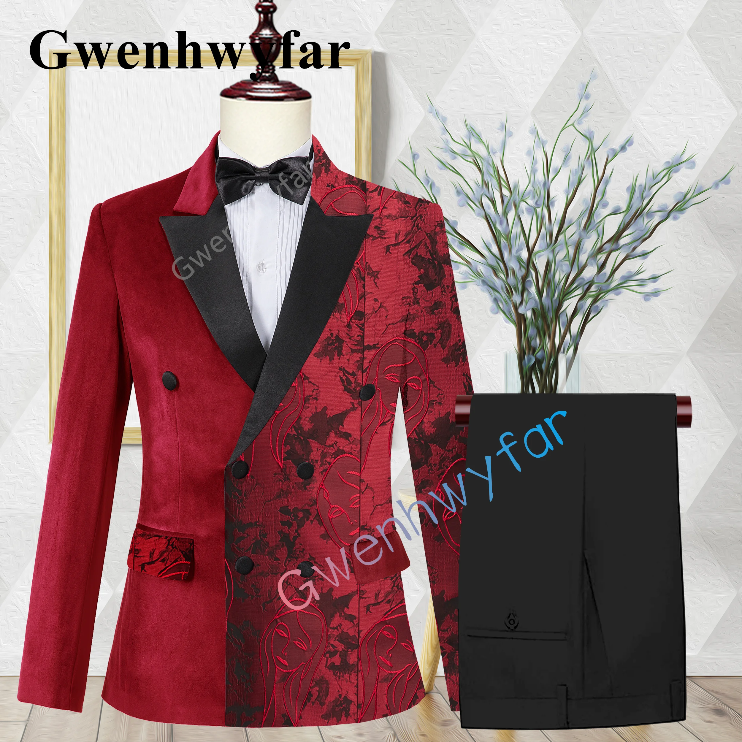 Gwenhwyfar New Design Velvet Patchwork Embroidery Wedding Groom Jacquard Neck Suit Casual Tuxedo Fashion Red Suit 2 Piece