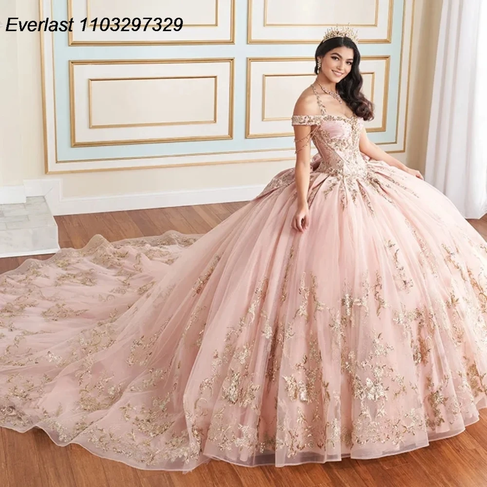 Evlast Glitter Pink Quince anera Kleid Ballkleid Gold Spitze Applikation Perlen Bogen mexikanischen Korsett süß 16 Vestidos de 15 Anos TQD847