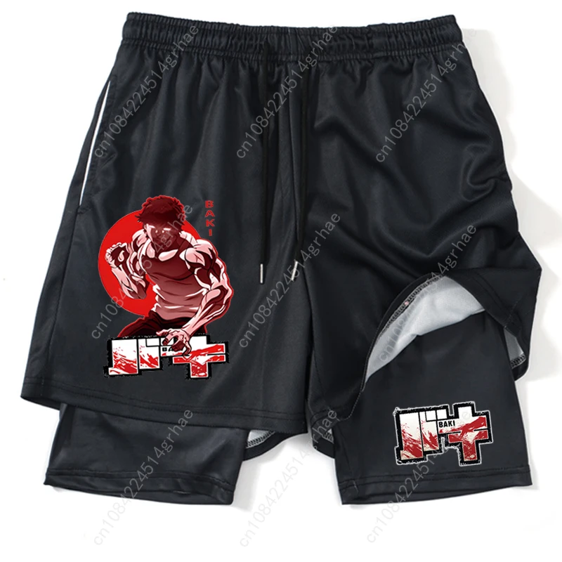 شورت رياضي مطبوع عليه الرسوم المتحركة باللون الأسود للرجال 2 في 1 شورت شبكي سريع الجفاف للرجال لكمال الأجسام واللياقة البدنية والجري سروال قصير صيفي