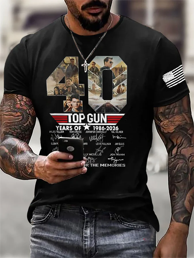 ilstile Herren-T-Shirt mit Retro-Aviator-Grafik zum 40-jährigen Jubiläum – 1986-2026 Fan-Tribute, lässiges T-Shirt in Schwarz, Weiß, Grün