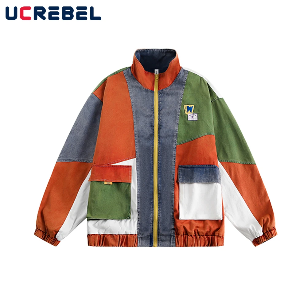 

Retro Color Block Jacket Mens Contrast High Street Loose Stand Collar Long Sleeve Spliced Outerwear Men