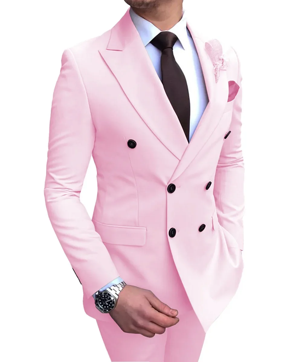 

New Pink Mens Suits 2 Pieces Double-breasted Notch Lapel Flat Slim Fit Casual Tuxedos For Wedding(Blazer+Pants)