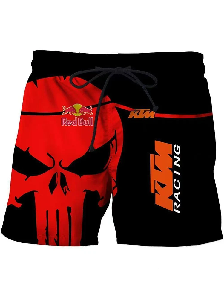 Red Bull Racing Men Beach Shorts, Black White Checkered Flag Print Quick Dry Drawstring Motorsport Fan Board Shorts
