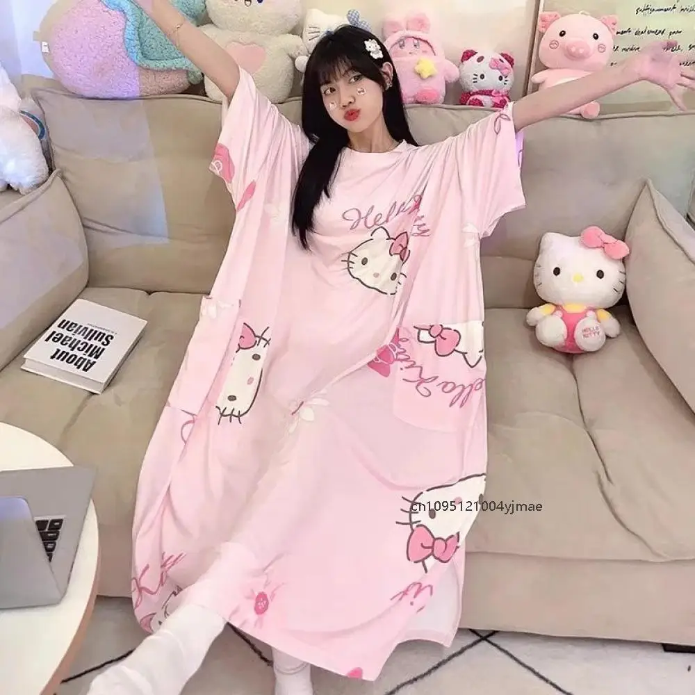 

Женская спальная юбка Hello Kitty Kawaii, аниме Kuromi Cinnamoroll, милая, легкая, с короткими рукавами, студенческая одежда, домашняя одежда