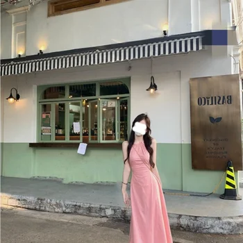 아름다운 해변 휴가 티 타임 스커트 여성 여름 새로운 허리 장착 슬리밍 크로스 백 오픈 백 완벽한 홀터넥 넥 드레스