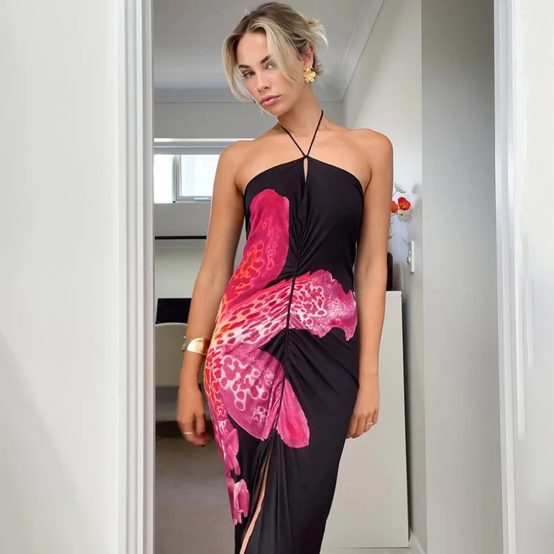 Floral Print Black Halter Long Dresses For Women V-Neck Ruched Asymmetrical Backless Maxi Dress Elegant Party Dresses 2024 Summe