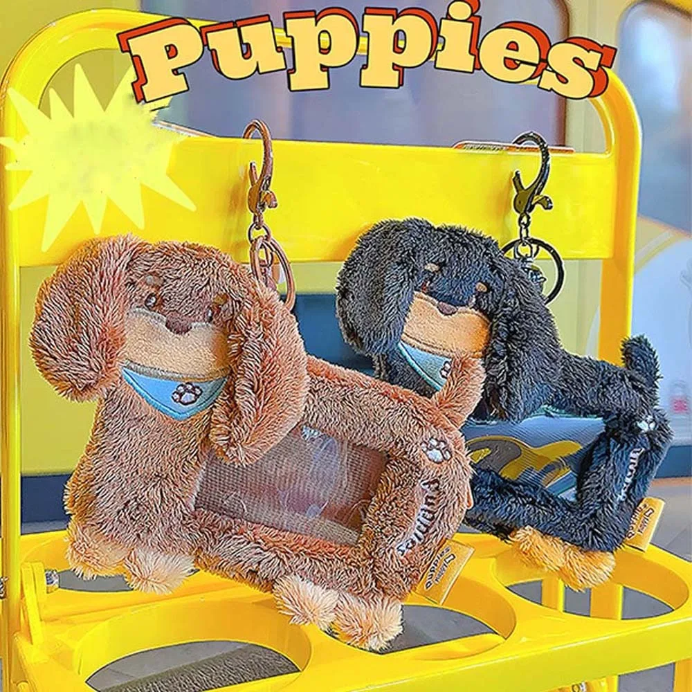 Cute Transparent Dachshunds Card Cover PP Cotton PVC Sausage Dog Card Holder Key Ring Bell Plush Photo Protective Case Girl