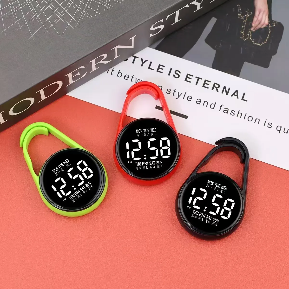 Carabiner LED Digital Pocket Watch Night Light Electronic Hanging Clip Watch Backpack Accessories