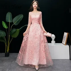 It's Yiiya Customized Evening Dress O-neck Embroidery Pink Half Sleeve Zipper Floor Length Plus Size Formal Gowns robe de soiree