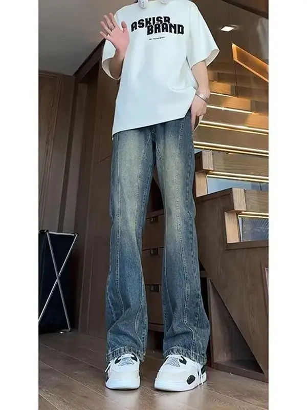 

Retro Blue Bell Bot Men's Jeans Autumn Winter Cool High Waist Straight Leg American High Street Splicing Jeans Casual Loos...