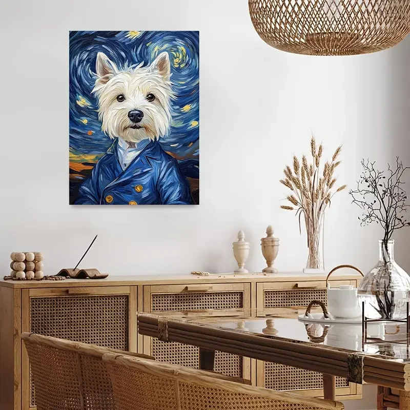 Van Gogh-Style West Highland White Terrier (Westie) Dog - لوحة فنية قماشية مرسومة يدويًا بدون إطار مقاس 11.8 × 15.7 بوصة، مدخل ليلي مرصع بالنجوم