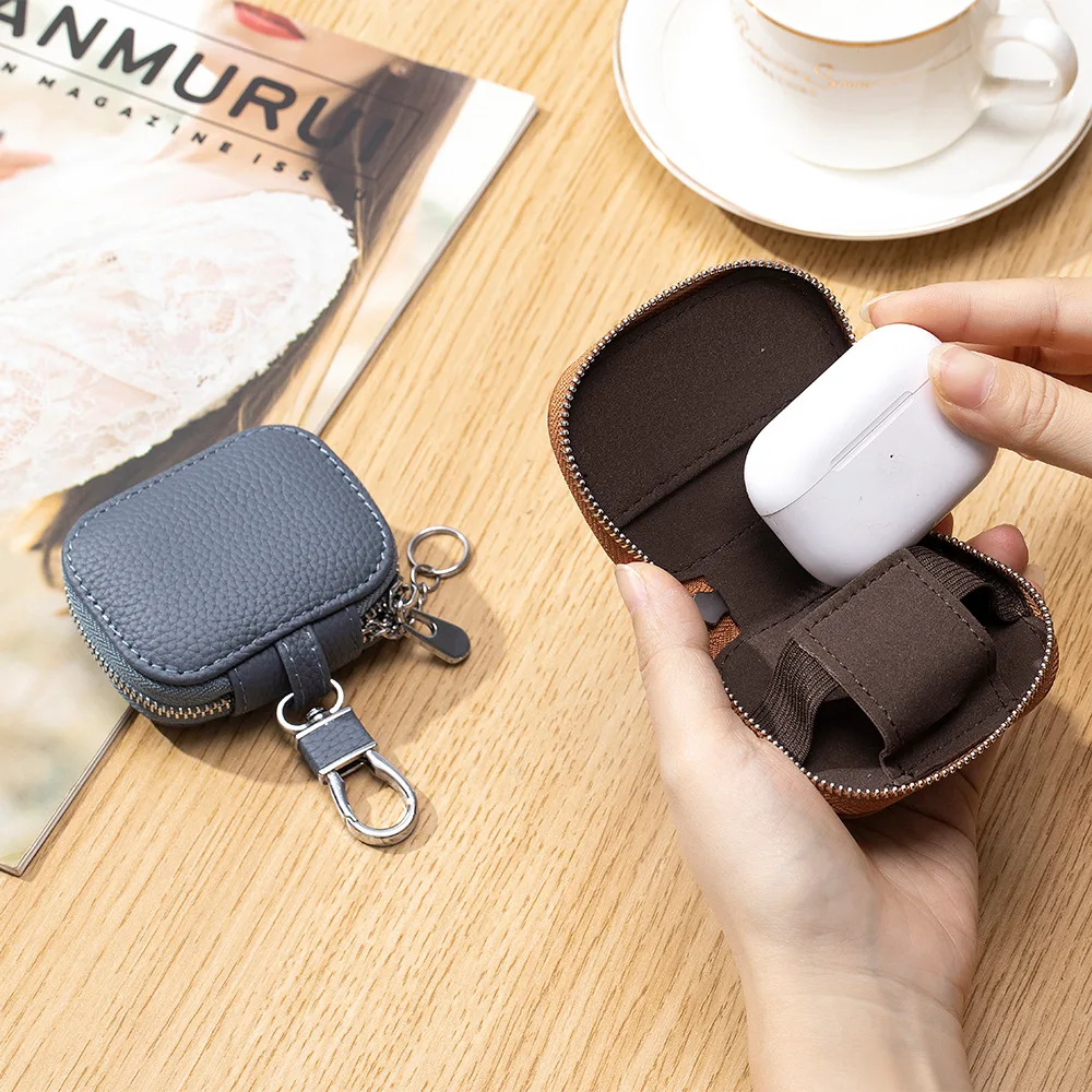 Top-Grain Leather Key Holder & AirPods Case - Compact Belt Loop Essentials Pouch for Keys/Bluetooth Earphones