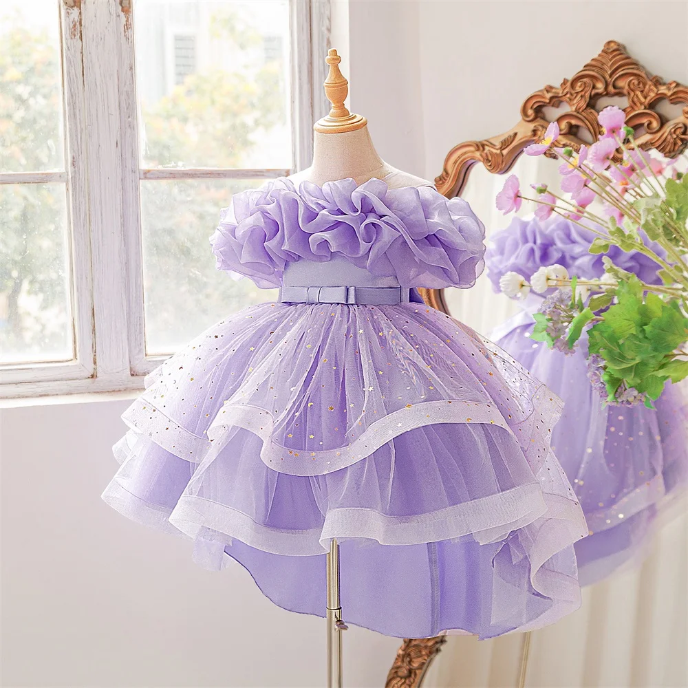 Girls Sequins Trailing Skirt Mesh Ball Gown Glossy Banquet Birthday Stage Host Party Piano Performance Evening Dress