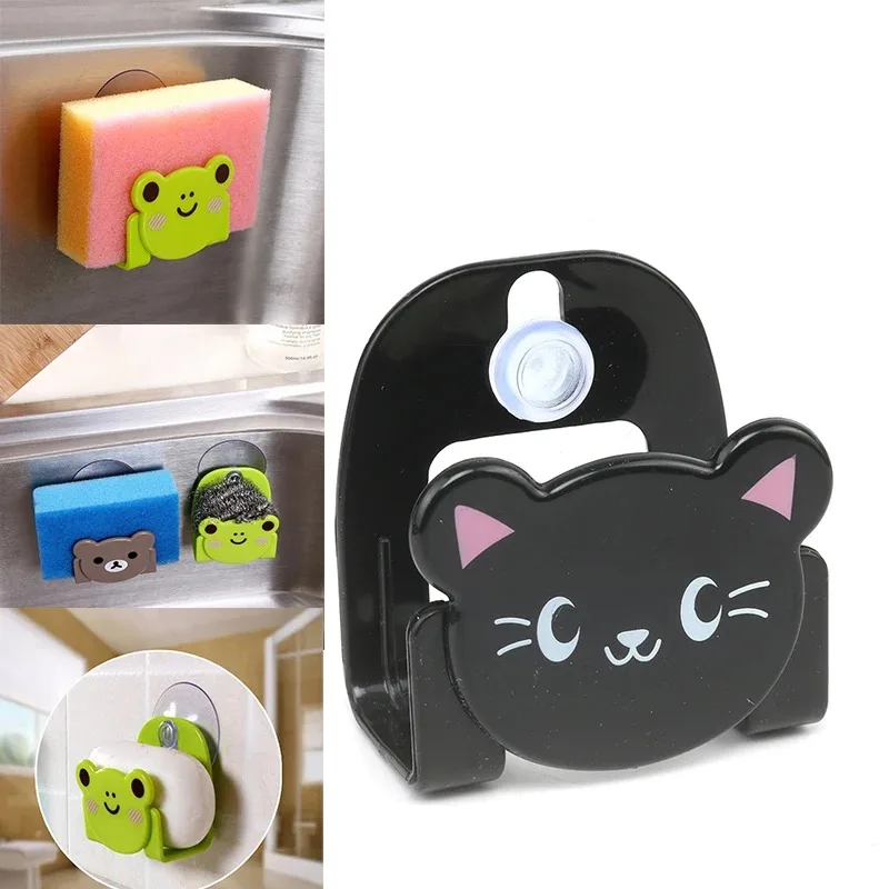 Cartoon Frog Kitchen Storage Rack Cute Bear Strong Suction Cup Sink Sponge Holders Kitchen Free Punch Dishcloth Scrubber Holder