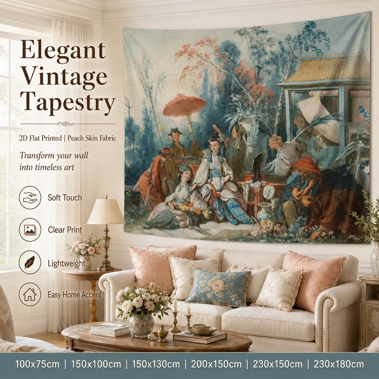 

Vintage Chinoiserie Wall Tapestry 2D Flat Printed Peach Skin Wall Hanging French Classic Scenery for Living Room Bedroom Decor