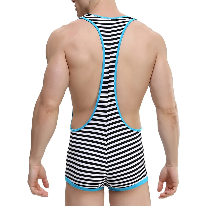 Striped Undershirts Suits Sexy Men JumpSuit Exotic Super Soft Undershirt Open Butt Wrestling Singlet Breathable BodySuit Sport