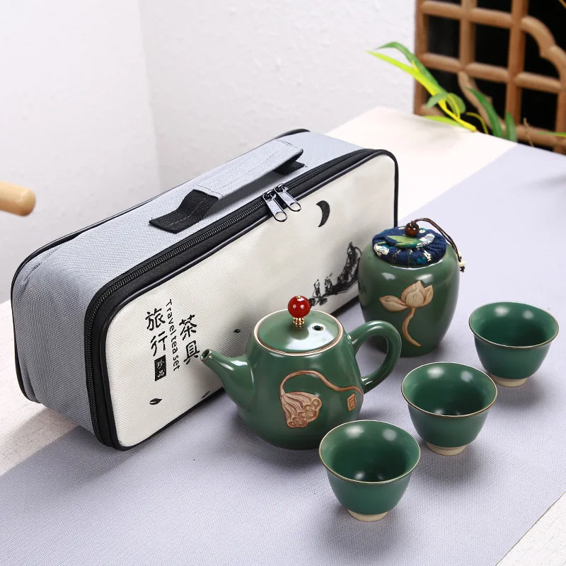 

HMLOVE Portable Travel Kung Fu Teawear Sets Porcelain Lotus Teapot 3 Cups With Tea Caddies Handmade Kiln Business Gift 280ML