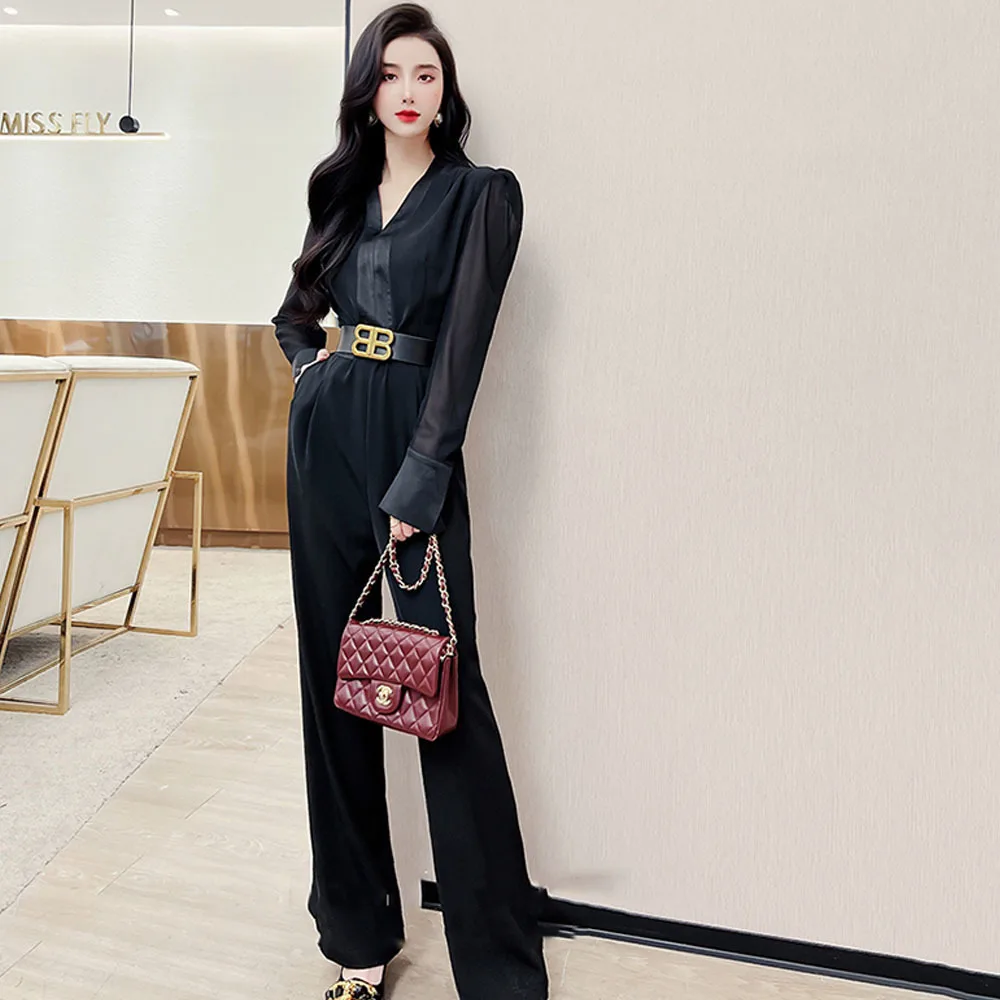 Jumpsuit Musim Gugur 2023 Romper Lurus Kerja Wanita Kantor Hitam Pinggang Tinggi V-Neck Fashion Wanita Baju Bermain Bisnis Profesional