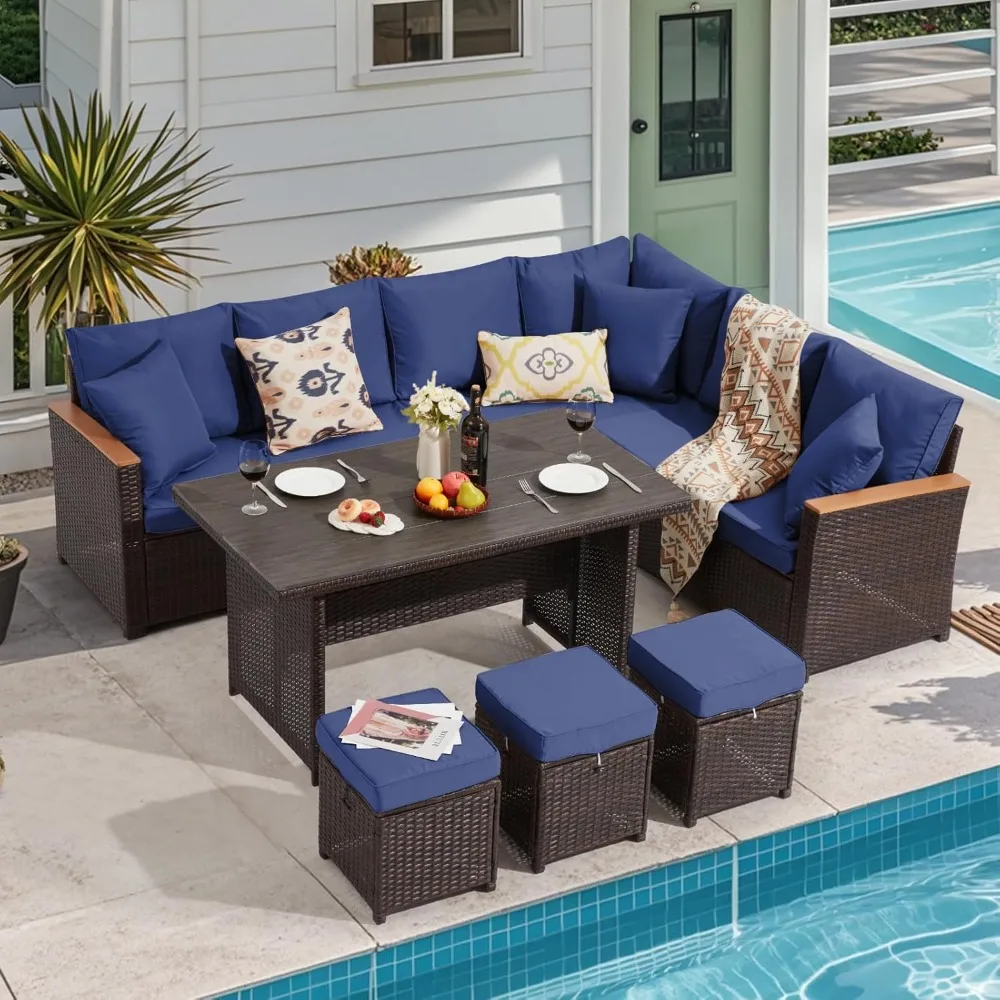 

7 Pieces Patio Furniture Sets, Outdoor Furniture Set with Dining Table, Patio Conversation Sets with 3 Ottamans, Thickened Cushi