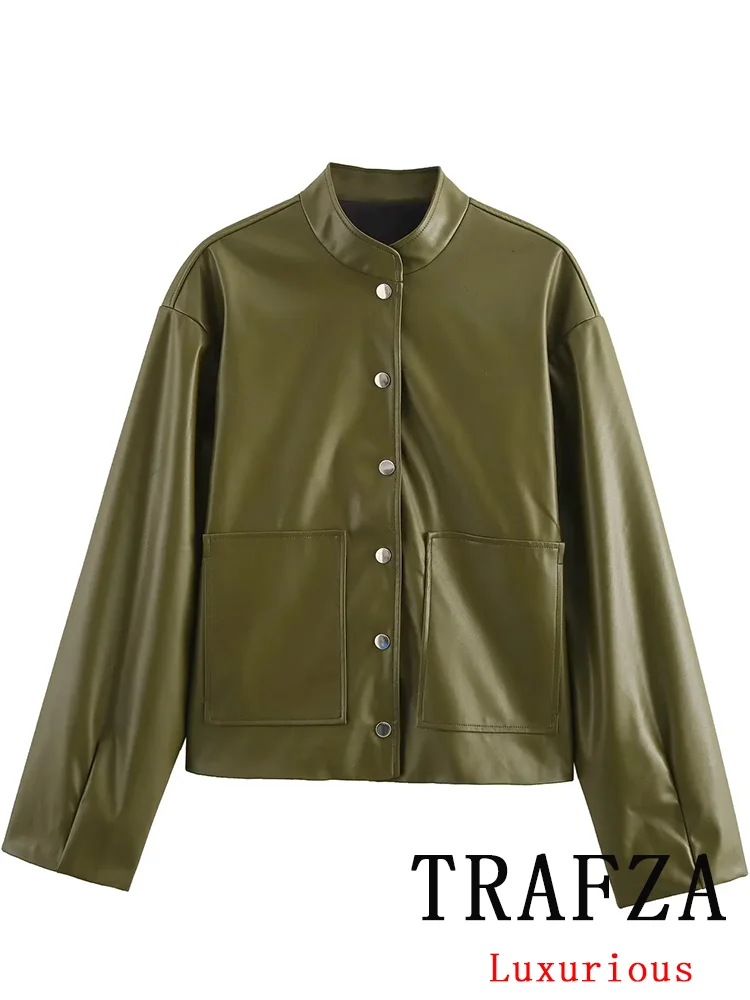 

TRAFZA Casual Chic Bomber Jacket Solid Single Breasted O-Neck Pockets Long Sleeve Short Coats New Fashion 2025 Autumn Coats