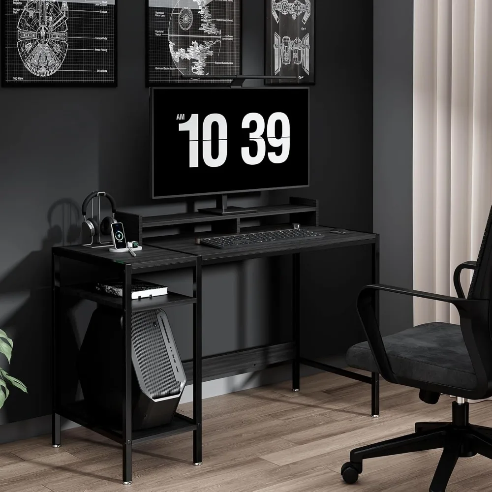 مكتب ألعاب ومنزلي للشاشات المزدوجة، مكتب كمبيوتر أسود مقاس 47 بوصة مع مساحة تخزين وحامل شاشة قابل للتعديل #5