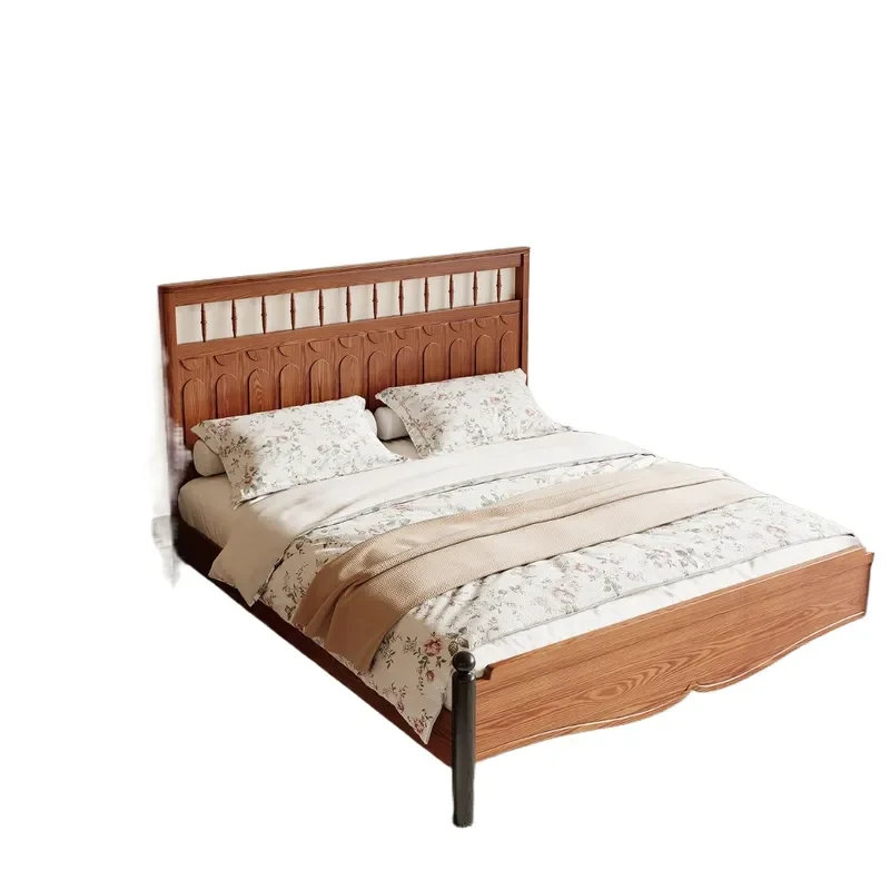 for French Retro Windsor Bed Antique 1.5m Solid Wood Bed Harp Turning Blue Bed Ash Wood 1.8m Single Double Master Bedroom