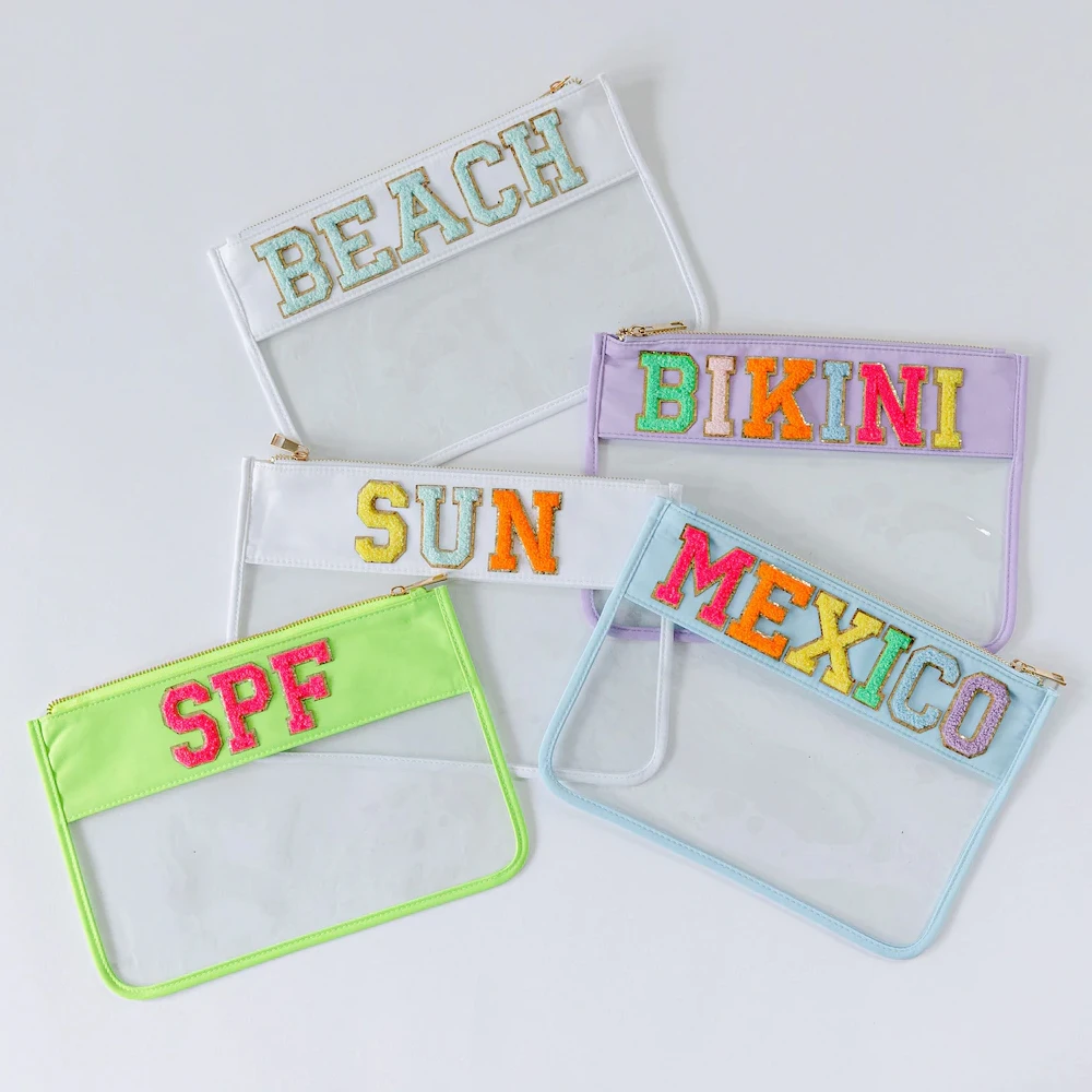 

Летняя пляжная водонепроницаемая прозрачная сумка для туалетных принадлежностей из ПВХ на молнии, синельная сумка с буквами и закусками, косметичка, кожаная прозрачная косметичка