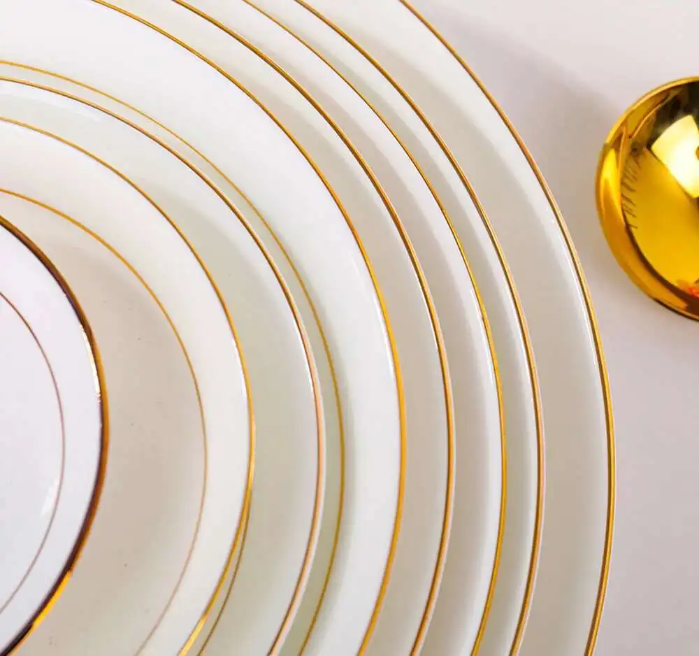 Bone China Gold Border Vegetable Deep Plate Ceramic Tableware  Dining Plate