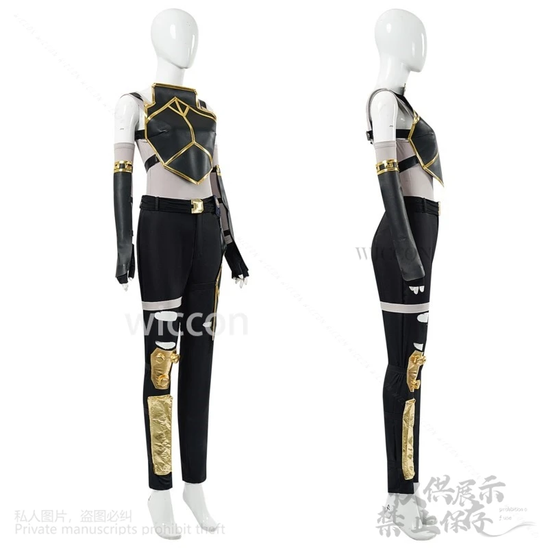 Anime Arcane 2 게임 LOL 코스프레 여성 Vi 블랙 PU 가죽 바지 탑 유니폼 핑크 가발 여성용 할로윈 Cos 맞춤형