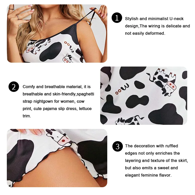 Cartoon Cow Print Nightdress Cute Crew Neck Spaghetti Strap Sleep Home Clothes Women\'s Sleepwear Sleeveless Nightgown Loungewear