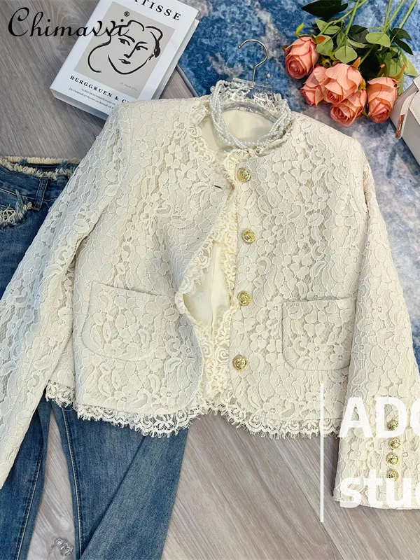 

French Style Elegant Lace Beige Coat for Women 2023 Autumn Fashion High-End Long-Sleeved Jacket Elegant Office Lady Coat Clothes
