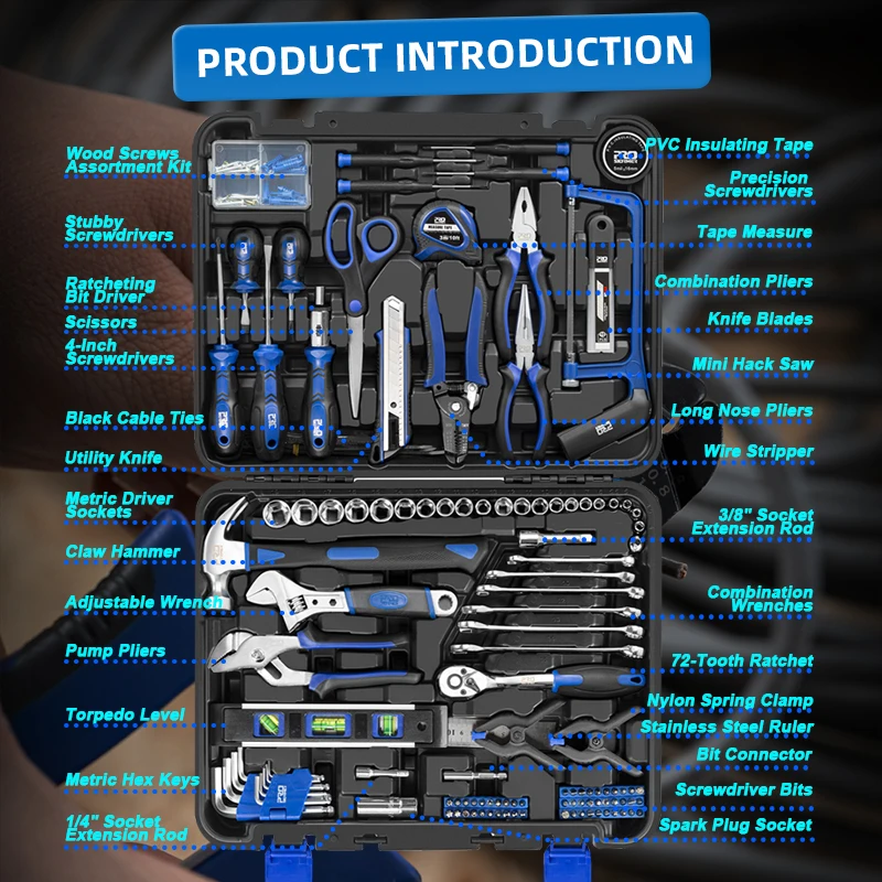 259Pcs Hand Tool Set DIY Home Repair Tool Kit Woodworking Tools Bag Car Repair Tool Set Wrench Saw Screwdriver By PROSTORMER