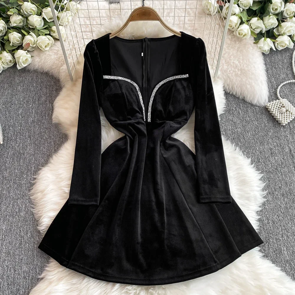 Elegant Square Neck Vintage Long Sleeve Chic Mesh Spliced Sequins Slim A-line Velvet Dress Autumn Women Fashion Ceremonial Dress