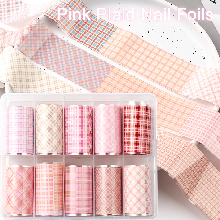 10pcs/Box Cute Pink Plaid Nail Art Foil Transfer Nail Stickers Geometric Stripe Film Nail Foils Decorations Manicure Accessories