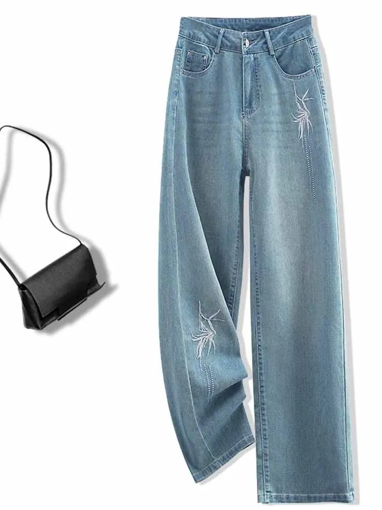 

Голубые китайские широкие джинсы с вышивкой, женские летние тонкие брюки прямого кроя, длинные брюки из смеси хлопка с высокой талией