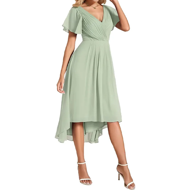 Women's Pleated Double V-Neck Halter Short Sleeve Chiffon Party Bridesmaid Cocktail Dress