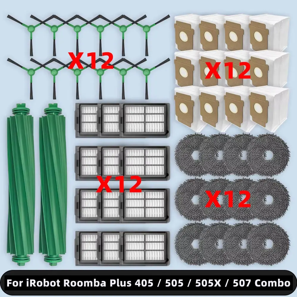 Compatível para ( iRobot Roomba Plus 405 / 505 / 505X / 507 Combo ) kits de acessórios de peças de reposição escova lateral principal filtro hepa esfregão almofada saco de pó